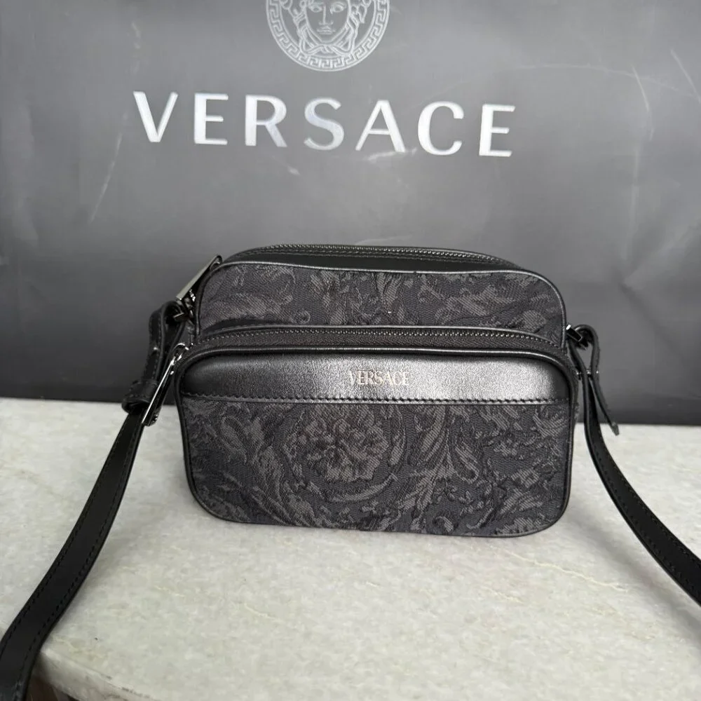 Versace Black Jacquard Fabric and Leather Shoulder Messenger Crossbody, 1012856‎